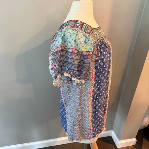 Johnny Was Embroidered Kichica Padme Blouse Silky Patchwork Embroidered Sz XS - Picture 4 of 14